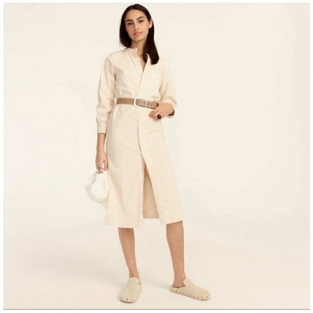 J Crew Women’s Shirtdress Button Down Midi Dress Ivory Dusty White Denim Twill‎